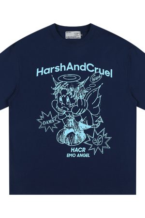 Summer Children's Fun Hand-Drawn Emo Angel Street Graffiti Loose Short Sleeve T-shirt - Trendy Y2K Aesthetic Fashion