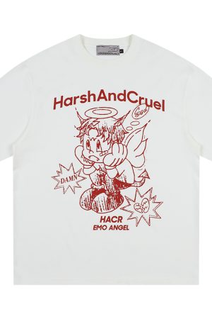 Summer Children's Fun Hand-Drawn Emo Angel Street Graffiti Loose Short Sleeve T-shirt - Trendy Y2K Aesthetic Fashion