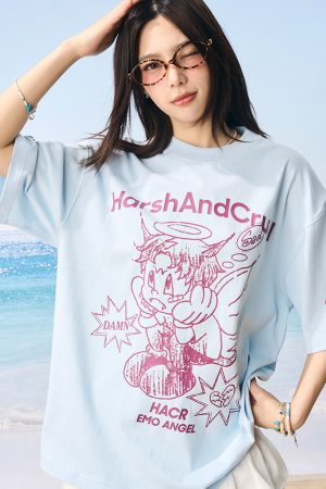 Summer Children's Fun Hand-Drawn Emo Angel Street Graffiti Loose Short Sleeve T-shirt - Trendy Y2K Aesthetic Fashion