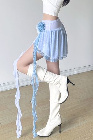 Summer Clear Sky Rose Tassel Irregular A-Line Split Short Skirt for Dancing - Trendy Summer Fashion, Y2K Style