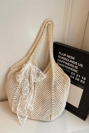 Summer Cotton Woven Beach Tote Bag for Women - Hollow Design, Large Capacity, Perfect for Vacation and Commuting