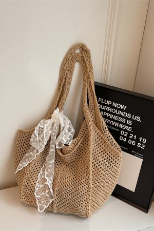 Summer Cotton Woven Beach Tote Bag for Women - Hollow Design, Large Capacity, Perfect for Vacation and Commuting