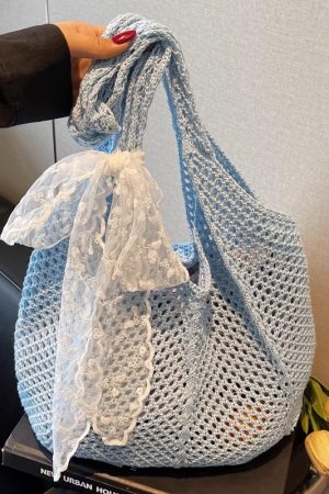 Summer Cotton Woven Beach Tote Bag for Women - Hollow Design, Large Capacity, Perfect for Vacation and Commuting