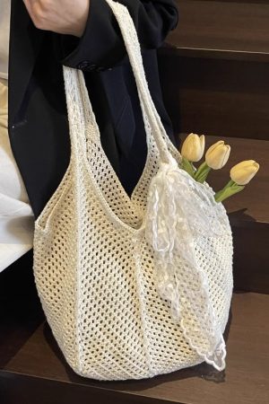 Summer Cotton Woven Beach Tote Bag for Women - Hollow Design, Large Capacity, Perfect for Vacation and Commuting