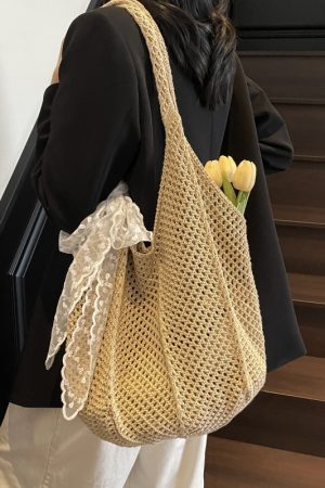 Summer Cotton Woven Beach Tote Bag for Women - Hollow Design, Large Capacity, Perfect for Vacation and Commuting