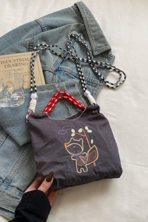 Summer Cute Embroidered Canvas Tote Bag for Women - 2025 Trendy Crossbody Commuting Phone Bag