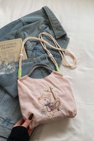 Summer Cute Embroidered Canvas Tote Bag for Women - 2025 Trendy Crossbody Commuting Phone Bag