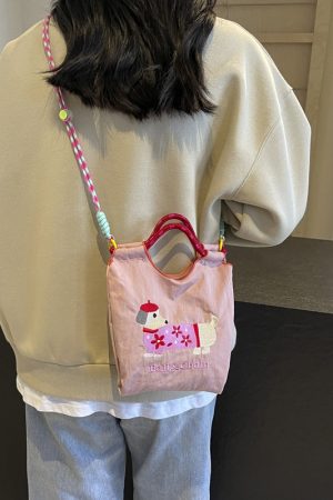 Summer Dachshund Embroidered Canvas Bucket Bag for Women - Cute Tote Crossbody Bag 2025 New Style
