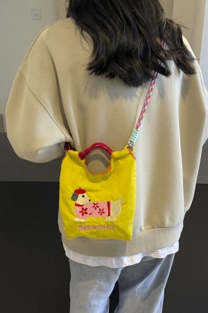 Summer Dachshund Embroidered Canvas Bucket Bag for Women - Cute Tote Crossbody Bag 2025 New Style