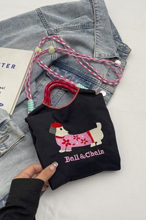 Summer Dachshund Embroidered Canvas Bucket Bag for Women - Cute Tote Crossbody Bag 2025 New Style