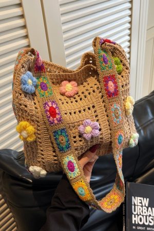 Summer Ethnic Floral Woven Crossbody Bag for Women - Large Capacity Tote for Vacation and Commuting 2025