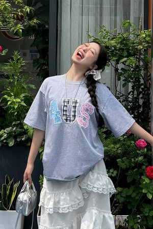 Summer Floral Patchwork Embroidered Plaid T-shirt for Couples - Trendy Loose-Fit Short Sleeve Tee in 90s Style