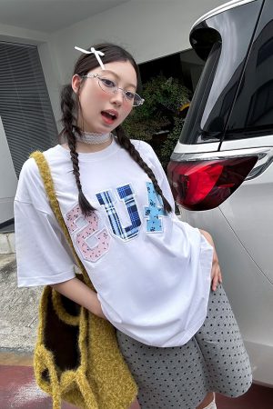 Summer Floral Patchwork Embroidered Plaid T-shirt for Couples - Trendy Loose-Fit Short Sleeve Tee in 90s Style