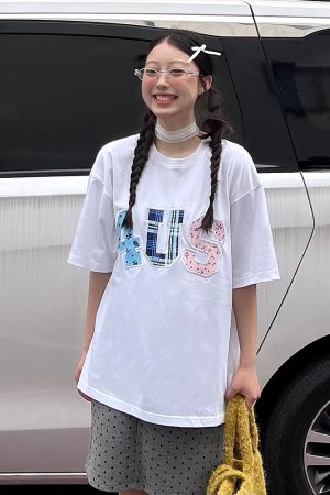 Summer Floral Patchwork Embroidered Plaid T-shirt for Couples - Trendy Loose-Fit Short Sleeve Tee in 90s Style