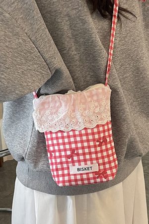 Summer Fresh Lace Mini Bag for Women - 2025 Fashion Plaid Zip Crossbody Phone Bag, Trendy Y2K Style