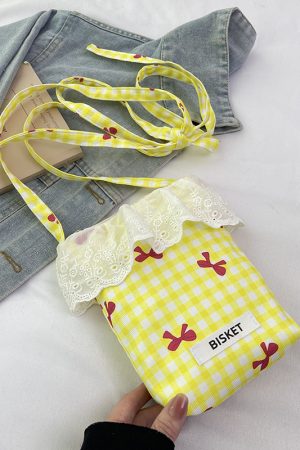 Summer Fresh Lace Mini Bag for Women - 2025 Fashion Plaid Zip Crossbody Phone Bag, Trendy Y2K Style