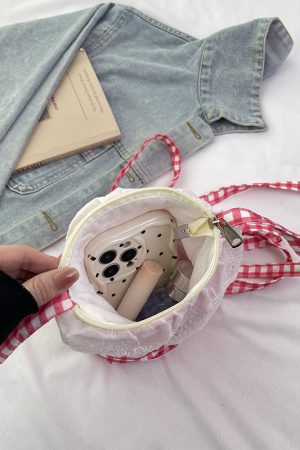Summer Fresh Lace Mini Bag for Women - 2025 Fashion Plaid Zip Crossbody Phone Bag, Trendy Y2K Style