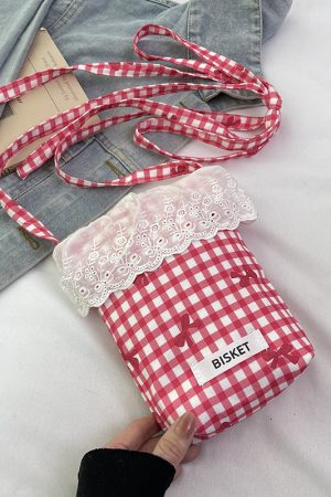 Summer Fresh Lace Mini Bag for Women - 2025 Fashion Plaid Zip Crossbody Phone Bag, Trendy Y2K Style