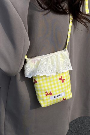 Summer Fresh Lace Mini Bag for Women - 2025 Fashion Plaid Zip Crossbody Phone Bag, Trendy Y2K Style