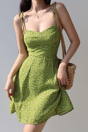 Summer Green Printed Camisole Dress with Shoulder Ties, Waist-Cinching Slim A-Line Style for Fresh American Girl Fashion