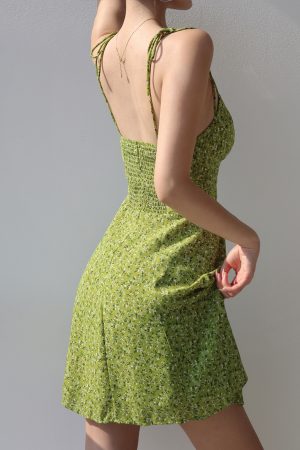 Summer Green Printed Camisole Dress with Shoulder Ties, Waist-Cinching Slim A-Line Style for Fresh American Girl Fashion