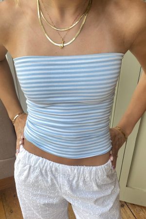 Summer Island Blue Strapless Striped Vest for Women, Elastic Wrap Top, Backless Design, Skin Tone Enhancing, Y2K Style