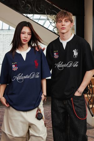 Summer Jersey Retro Sports Unisex Embroidered Short Sleeve T-Shirt - Fake Two-Piece Design, Casual 90s Style Fashion Top