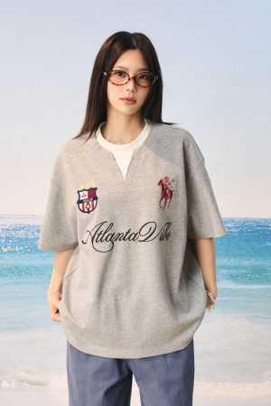 Summer Jersey Retro Sports Unisex Embroidered Short Sleeve T-Shirt - Fake Two-Piece Design, Casual 90s Style Fashion Top