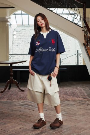 Summer Jersey Retro Sports Unisex Embroidered Short Sleeve T-Shirt - Fake Two-Piece Design, Casual 90s Style Fashion Top