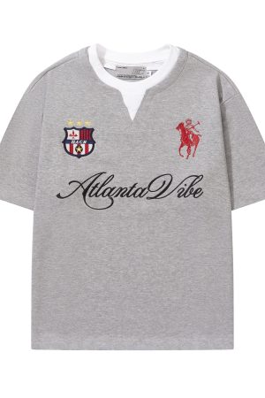 Summer Jersey Retro Sports Unisex Embroidered Short Sleeve T-Shirt - Fake Two-Piece Design, Casual 90s Style Fashion Top