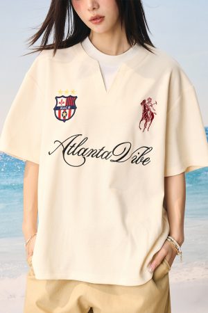 Summer Jersey Retro Sports Unisex Embroidered Short Sleeve T-Shirt - Fake Two-Piece Design, Casual 90s Style Fashion Top