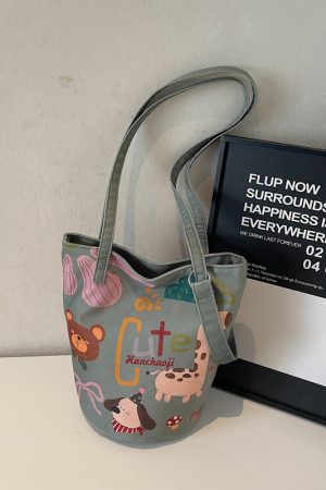 Summer Large Capacity Cartoon Canvas Bucket Bag for Women - Versatile Shoulder Tote for Commuting & Everyday Use
