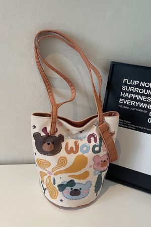 Summer Large Capacity Cartoon Canvas Bucket Bag for Women - Versatile Shoulder Tote for Commuting & Everyday Use
