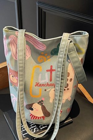 Summer Large Capacity Cartoon Canvas Bucket Bag for Women - Versatile Shoulder Tote for Commuting & Everyday Use