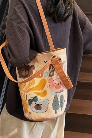 Summer Large Capacity Cartoon Canvas Bucket Bag for Women - Versatile Shoulder Tote for Commuting & Everyday Use