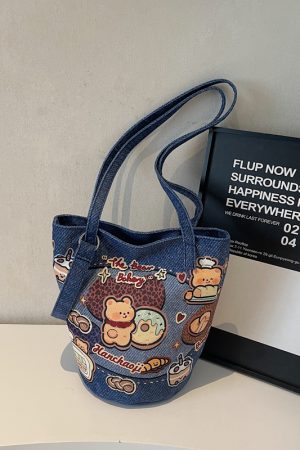 Summer Large Capacity Cartoon Canvas Bucket Bag for Women - Versatile Shoulder Tote for Commuting & Everyday Use