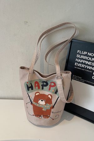 Summer Large Capacity Cartoon Canvas Bucket Bag for Women - Versatile Shoulder Tote for Commuting & Everyday Use
