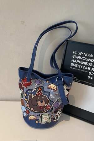 Summer Large Capacity Cartoon Canvas Bucket Bag for Women - Versatile Shoulder Tote for Commuting & Everyday Use