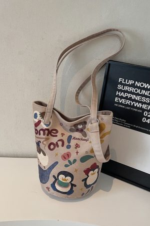 Summer Large Capacity Cartoon Canvas Bucket Bag for Women - Versatile Shoulder Tote for Commuting & Everyday Use