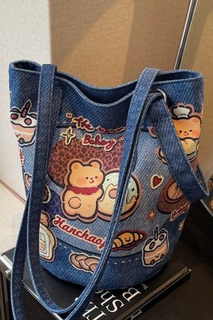 Summer Large Capacity Cartoon Canvas Bucket Bag for Women - Versatile Shoulder Tote for Commuting & Everyday Use