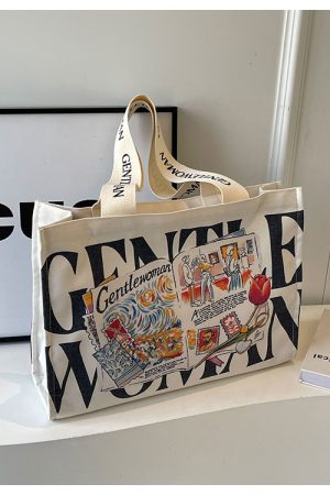 Summer Large Capacity Letter Canvas Tote Bag for Women - Fashionable Commuting Shoulder Bag for College Students and Shopping