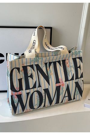 Summer Large Capacity Letter Canvas Tote Bag for Women - Fashionable Commuting Shoulder Bag for College Students and Shopping