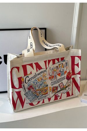 Summer Large Capacity Letter Canvas Tote Bag for Women - Fashionable Commuting Shoulder Bag for College Students and Shopping