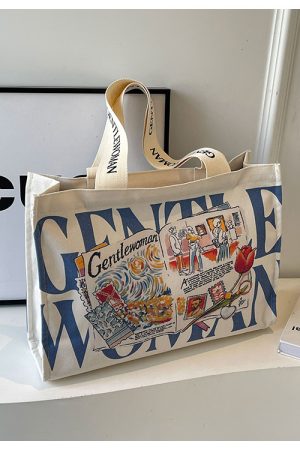 Summer Large Capacity Letter Canvas Tote Bag for Women - Fashionable Commuting Shoulder Bag for College Students and Shopping