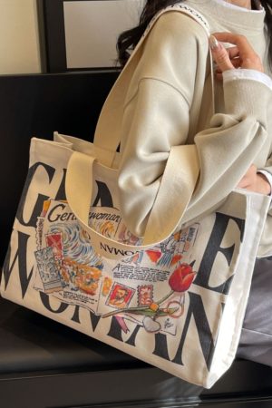 Summer Large Capacity Letter Canvas Tote Bag for Women - Fashionable Commuting Shoulder Bag for College Students and Shopping