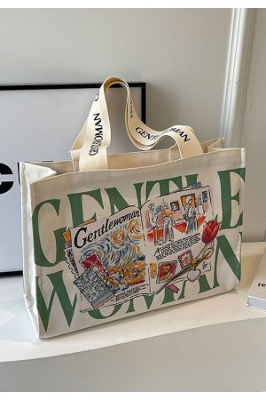 Summer Large Capacity Letter Canvas Tote Bag for Women - Fashionable Commuting Shoulder Bag for College Students and Shopping