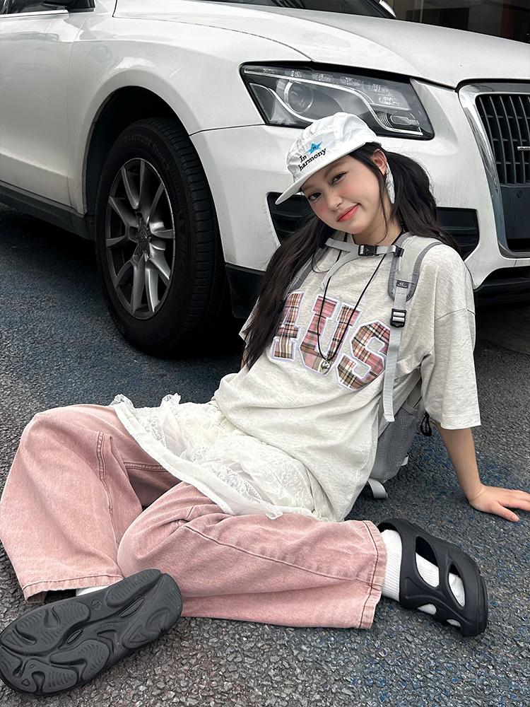 Summer Patchwork Embroidered Plaid T-Shirt for Couples - Loose Fit Short Sleeve National Trend Top Summer Patchwork Embroidered Plaid T-Shirt for Couples - Loose Fit Short Sleeve National Trend Top