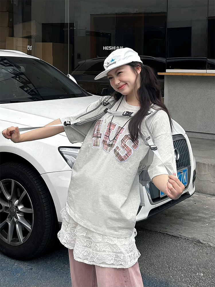 Summer Patchwork Embroidered Plaid T-Shirt for Couples - Loose Fit Short Sleeve National Trend Top Summer Patchwork Embroidered Plaid T-Shirt for Couples - Loose Fit Short Sleeve National Trend Top