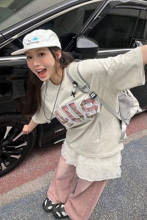 Summer Patchwork Embroidered Plaid T-Shirt for Couples - Loose Fit Short Sleeve National Trend Top