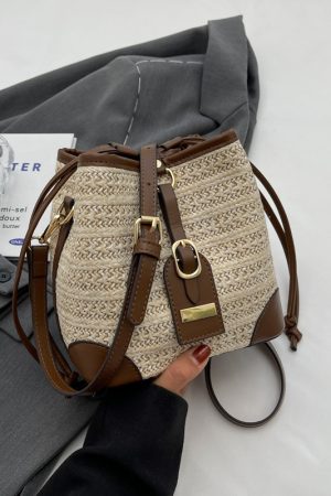 Summer Retro Color-Blocking Straw Bucket Bag for Women - Versatile Crossbody Bag for Beach Vacation and Casual Outings